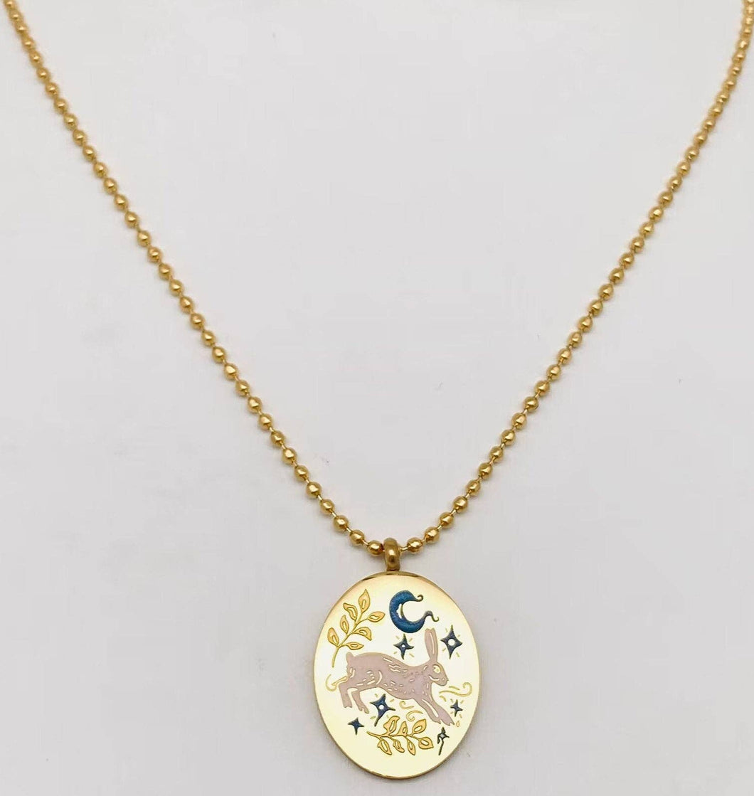 Painted Enamel Rabbit 18K Gold Plated Necklace